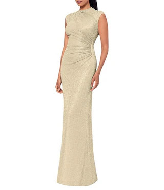 Petite Size Mock Neck Ruched Bodice Crinkled Metallic Sleeveless Sheath Gown | Dillard's