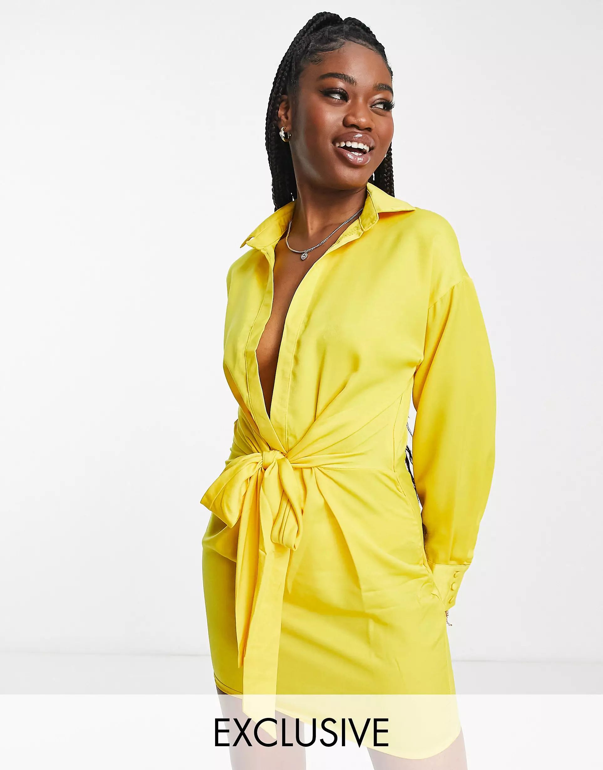 In The Style exclusive knot front shirt dress in yellow | ASOS (Global)
