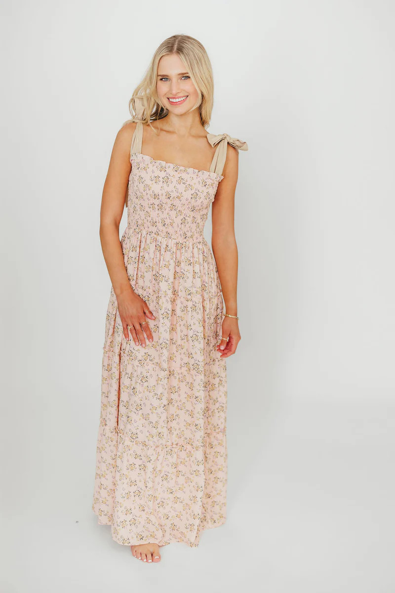 Cora Smocked Bow Tie Strap Maxi Dress in Blush | Worth Collective