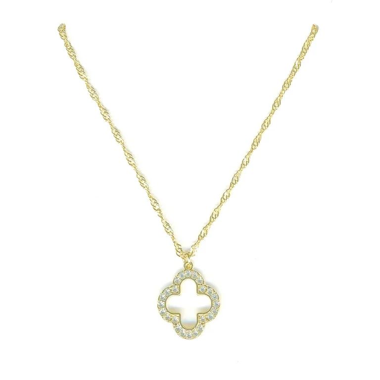 Time and Tru Gold Plated Clover Pave Stones Pendant Necklace with Lobster Clasp | Walmart (US)