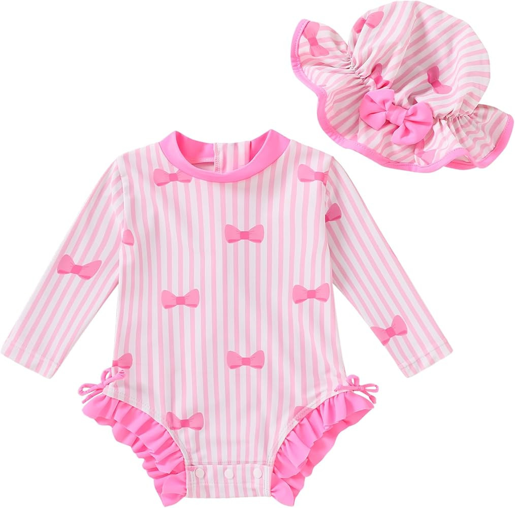 Infant Baby Swimsuit Girl Long Sleeve UPF 50+ Sun Protection One-Piece Rash Guard with Hat Zipper... | Amazon (US)