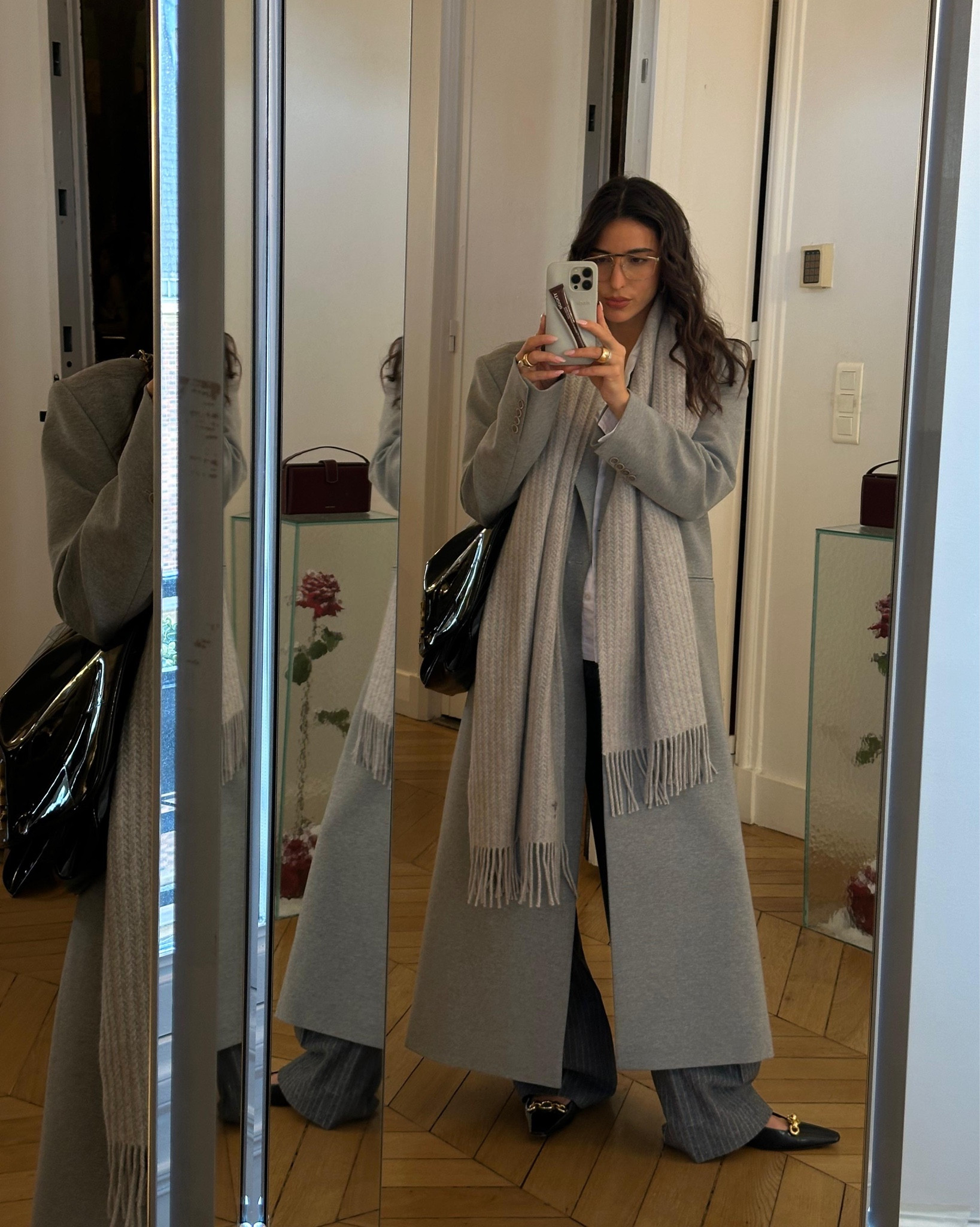 Magda Butrym grey wool coat, Dior grey knitted scarf, Rowen Rose white button down, YSL loafers, YSL patent bag, Tresse Paris pinstripe trousers, Second Vue eyewear 🩶

#LTKuk #LTKspring #LTKeurope