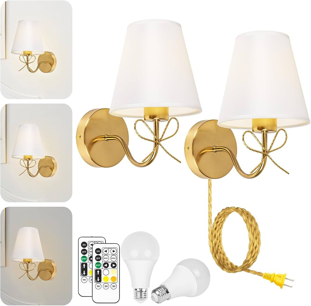 Antique Brass Bow Wall Sconces, Gold Wall Light Set of 2 with Plug-in Cord or Hardwired 110V, Rem... | Amazon (US)