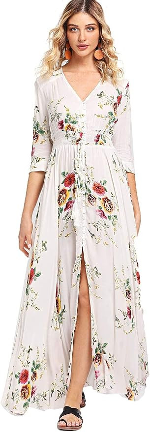 Milumia Summer Flowy Long Maxi Dress Button Up Split Floral Print Boho Dresses for Women 2024 | Amazon (US)