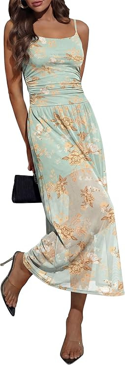 Caracilia Womens Summer Midi Dress Mesh Floral Spaghetti Strap Ruched Cocktail Party Wedding Gues... | Amazon (US)