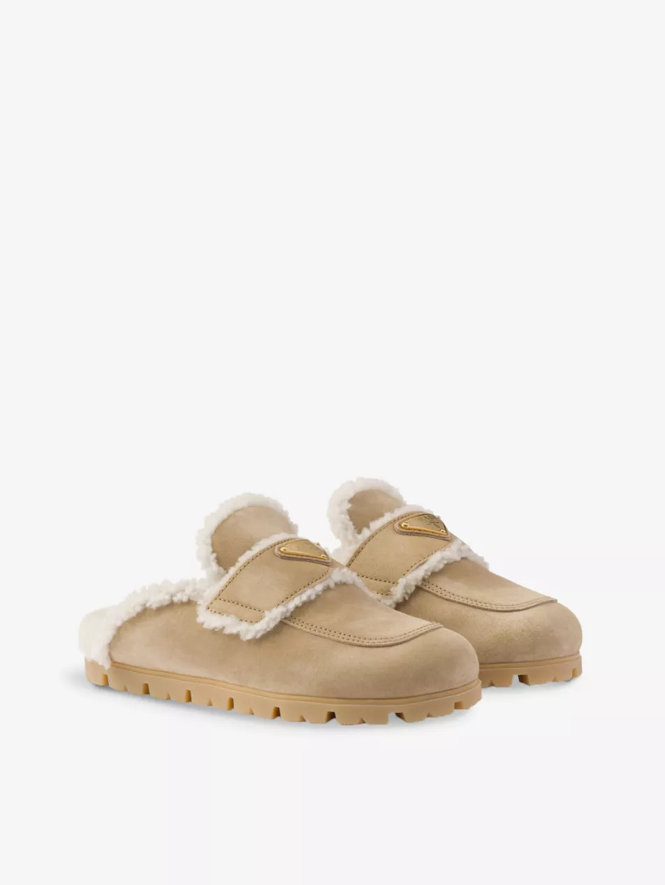 Lugged-sole triangle-plaque suede and shearling slippers | Selfridges