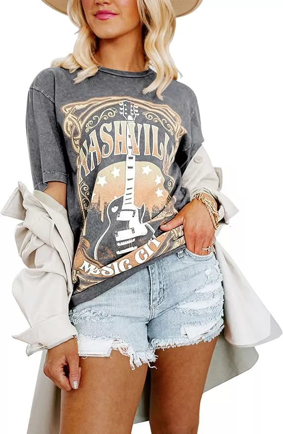 Vintage Country Music T-Shirt Tops Women Casual Rock Band Tshirt Distressed  Guitar Wings Graphic Shirt Tops 