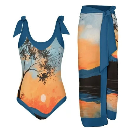 Womens Bikinis Ethnic Print Vintage One-Piece Monokini With Cover Up Long Beach Skirt Sarong Tummy Control Bathing Suits Two Piece Swimsuit Fashion Beach Wear Swimsuits | Walmart (US)