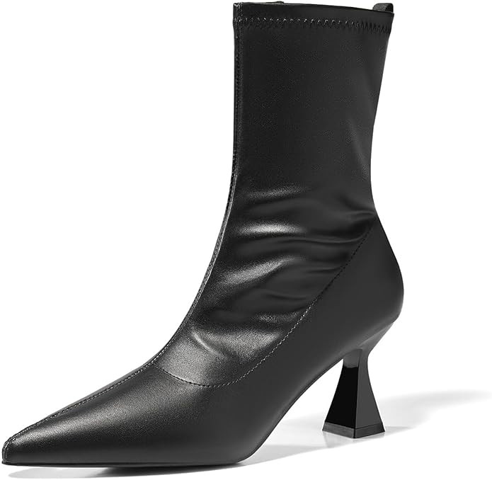 Coutgo Womens Ankle Boots Pointed Toe Low Kitten Heel Side Zipper Office Dress Fall Booties Shoes | Amazon (US)