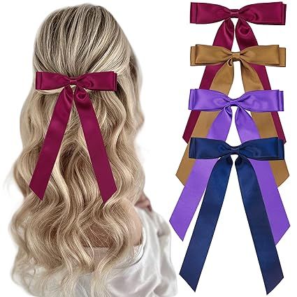 Silky Satin Ribbon Barrettes with Long Tail Bowknots - 4 PCS Women's and Girls' Hair Accessories | Amazon (US)