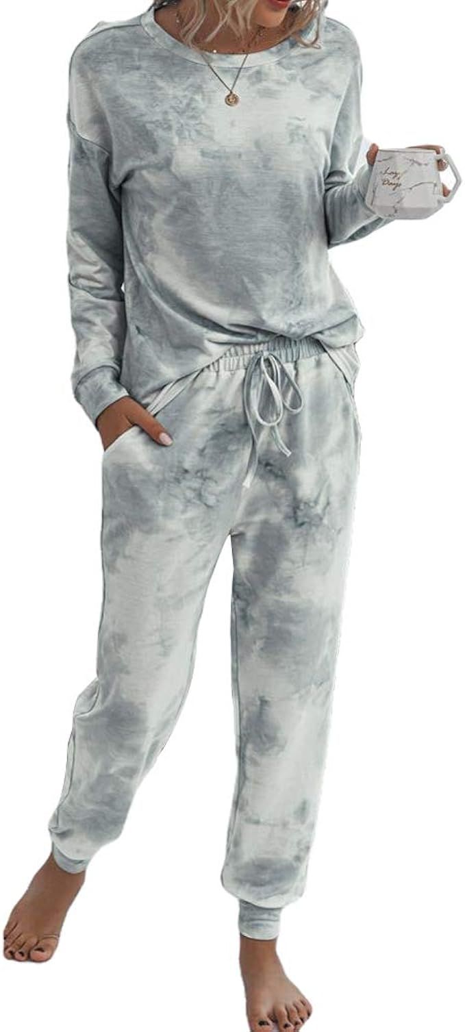 Women Tie Dye Lounge Sets Long Sleeve Shirt Top & Long Pants 2 Piece Pajamas Set Sleepwear Outfit... | Amazon (US)