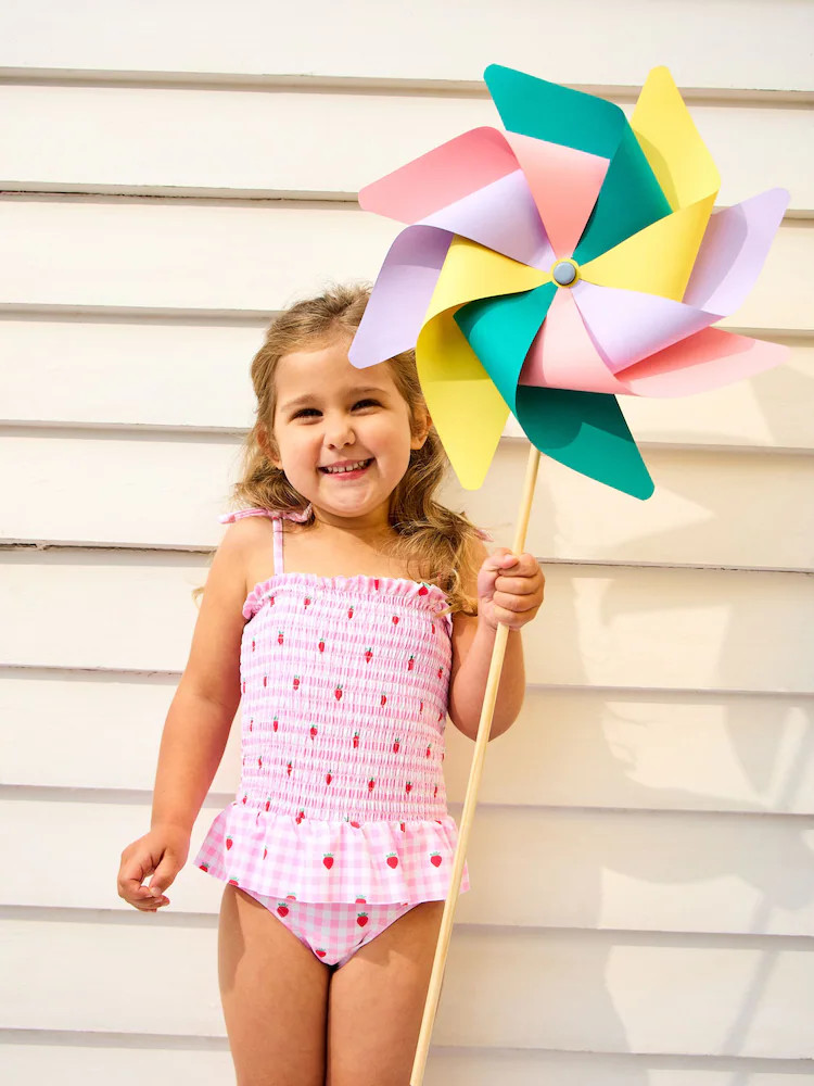 JoJo Maman Bébé Pink Cherry Gingham Shirred Tie Shoulder Swimsuit | Next US