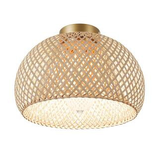 Bamboo 11.41 in. 1-Light Semi-Flush Mount Light Rustic Basket Handmade Woven Ceiling Light | The Home Depot