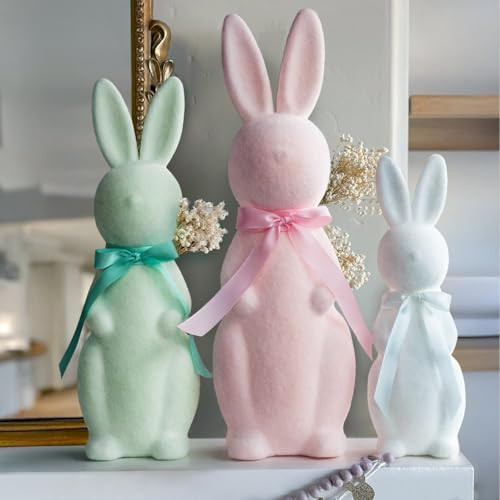 MOREDOTS Easter Decorations - 3 Pack Pastel Flocked Bunny Kit - Spring Table Centerpieces Indoor Decor - Bunnies Decoration Set for Home & Party | Amazon (US)