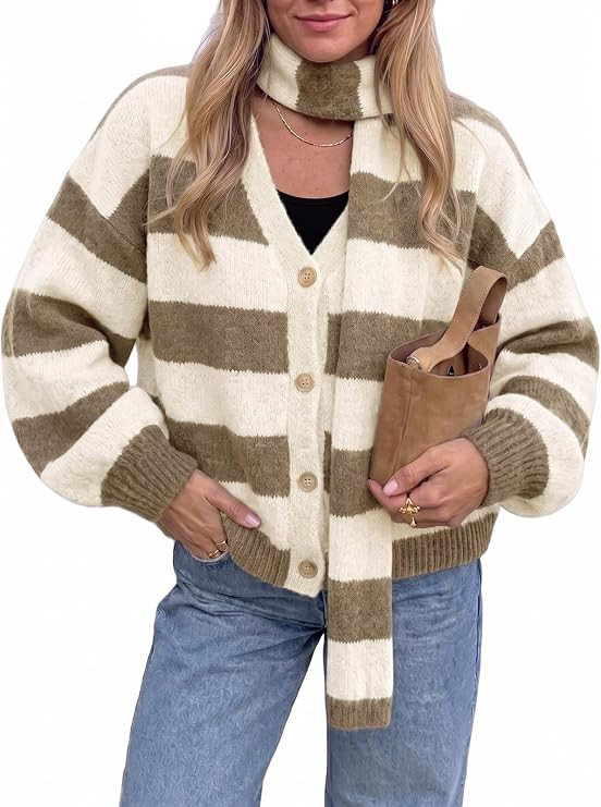 Tankaneo Womens Striped Cardigan Sweaters Long Sleeve Loose Knit Cardigans | with Scarf, Open Fro... | Amazon (US)