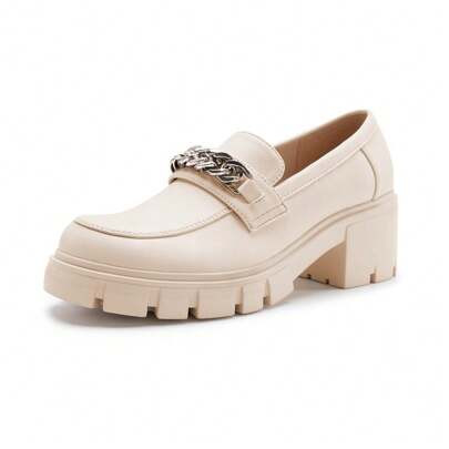 Women's Platform Loafers Shoes Slip On Lug Sole Chunky With Chain Round Toe Business Work Court Wedges | SHEIN