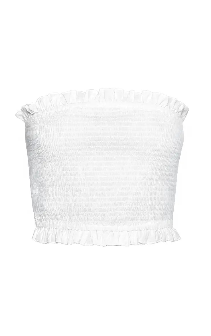 White Bandeau Frill Edge Shirred Top | PrettyLittleThing UK