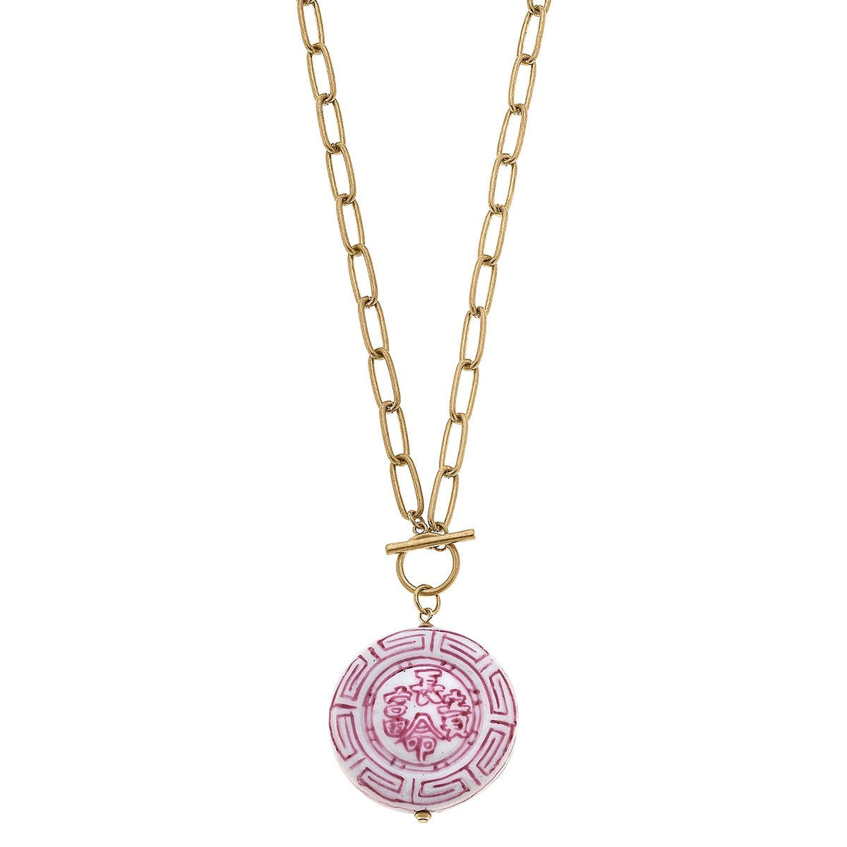Ophelia Pink Chinoiserie Pendant T-Bar Necklace in Pink & White | CANVAS