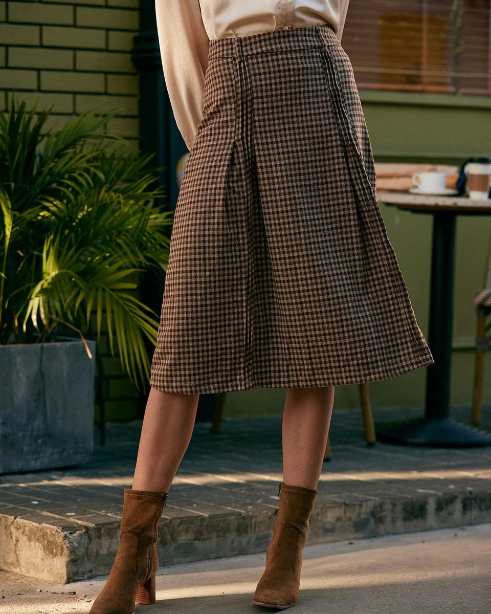 The Plaid Pleated High Waisted Midi Skirt | rihoas.com