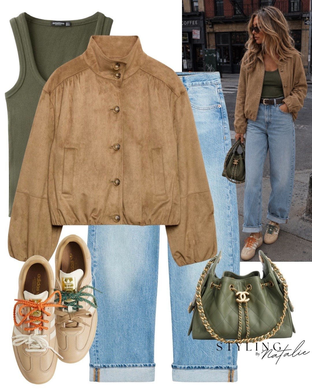 City style- Suede button up bomber jacket, barrel leg jeans with turned up hem, double lace adidas samba trainers, olive green vest and bag.
Transitional style, summer, autumn, early fall look, casual chic, cool girl style, Zara @adidas @Zara

#LTKuk #LTKFashionMonth #LTKautumn