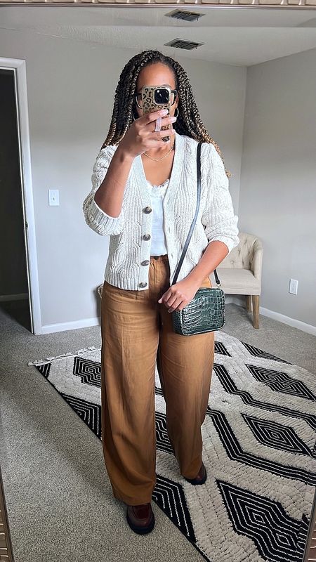 Fall wide leg trousers outfit idea. These Madewell Harlow trousers are the best. I'm wearing the tall and they're the perfect length (I'm 5'7"). 

Fall outfit, fall fashion, Clare V midi crossbody, Madewell trousers, casual outfit, thanksgiving dinner outfit #LTKover40 #LTKCyberWeek

#LTKSeasonal #LTKsalealert #LTKstyletip