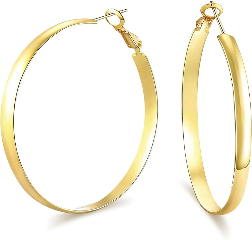 wowshow Large Hoops Earrings for Women, Big Hoop Earrings 14K Real Gold Plated Flat Gold Hoop Ear... | Amazon (US)