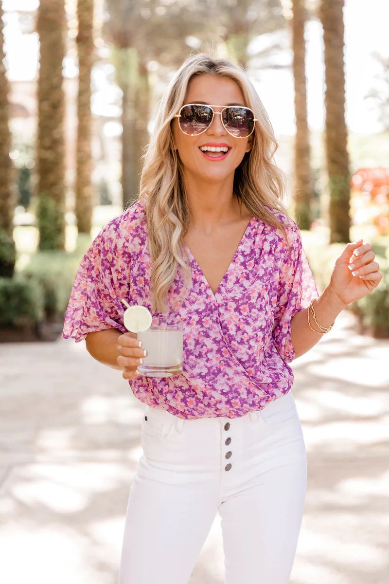 A Forever Tradition Purple Floral Wrap Bodysuit | The Pink Lily Boutique