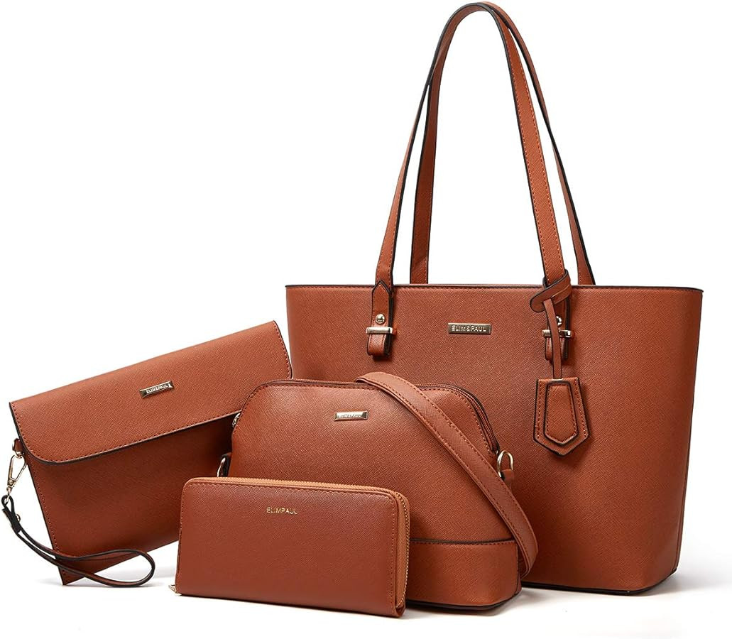 Women Fashion Synthetic Leather Handbags Tote Bag Shoulder Bag Top Handle Satchel Purse Set 4pcs | Amazon (US)