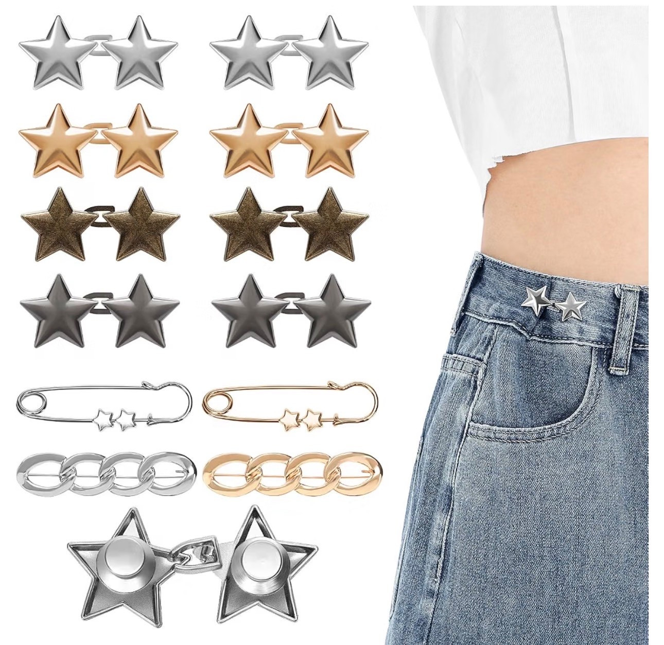 KUNTAERY 12 Pcs Pant Waist Tighteners, No-Sew Metal Clips for Jeans and Pants, Adjustable & Reusable Star Button Pins

#LTKootd #LTKselfcare #LTKSaleAlert