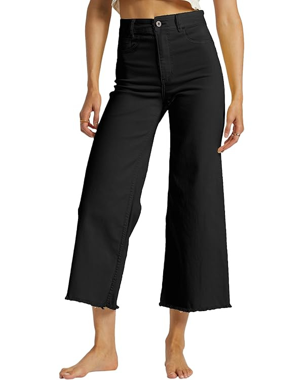 Allimy Women's High Waisted Straight Ankle Wide Leg Ripped Jeans Frayed Hem Stretchy Capri Denim ... | Amazon (US)