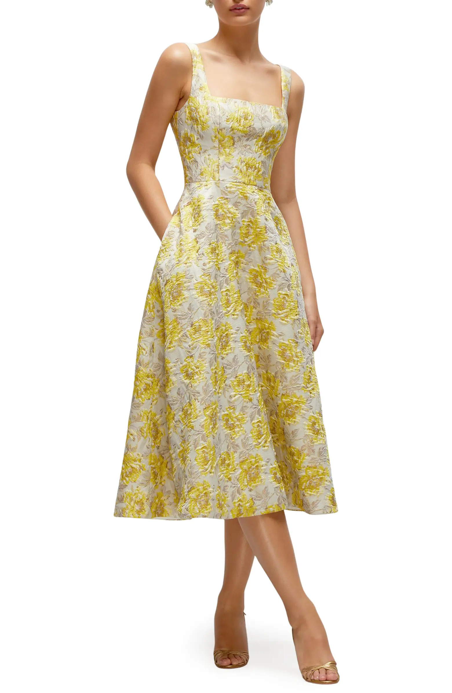 Golden Metallic Floral Midi Cocktail Dress | Nordstrom