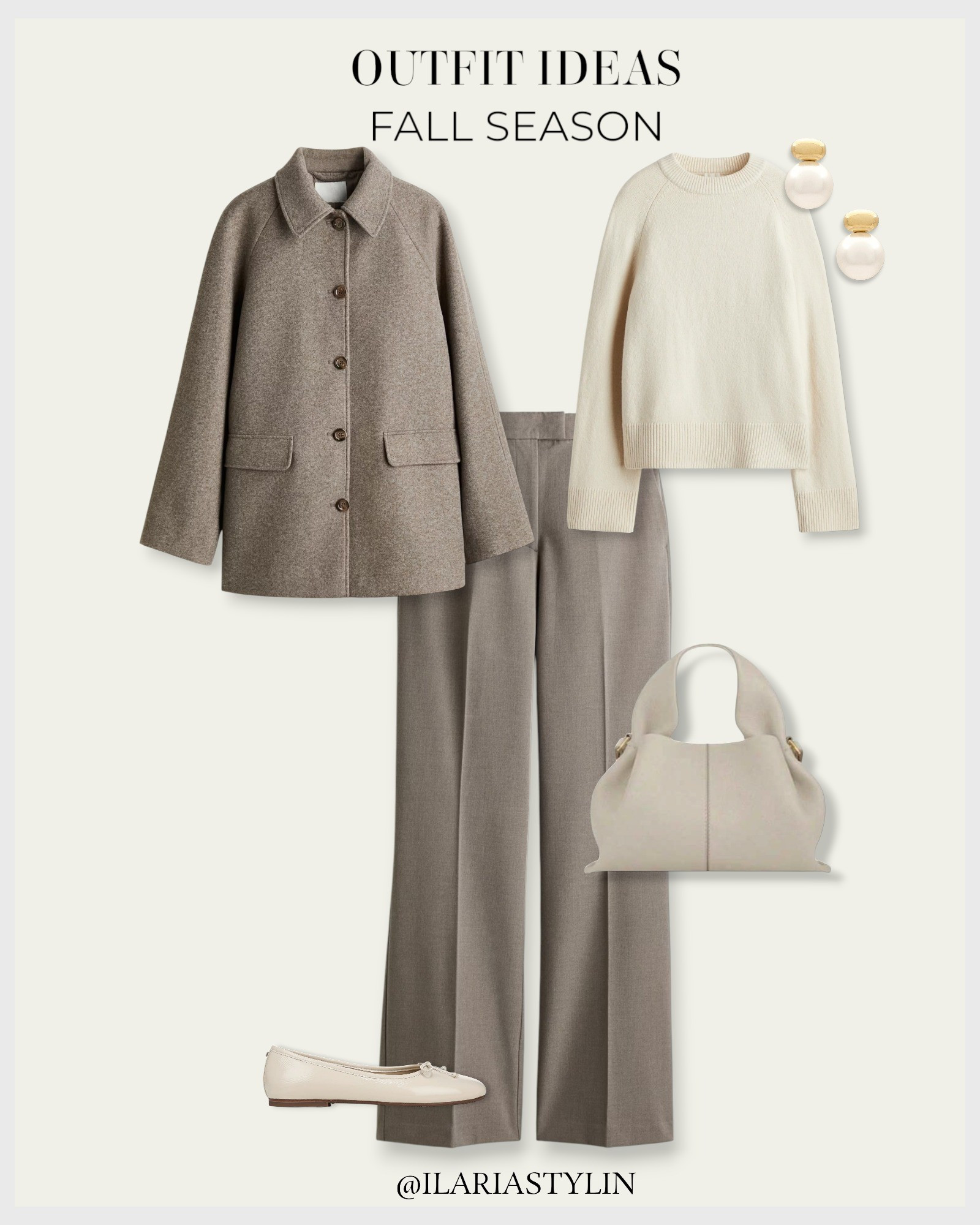 OUTFIT IDEAS: Fall Season 🍂🤎 autumn outfit, fall outfit, taupe coat, car coat, cream sweater, loose-fit sweater, taupe pants, dress pants, bootcut pants, cream ballet flats, cream bag, croissant bag, handbag, shoulder bag, chic outfit

#LTKSeasonal #LTKStyleTip #LTKWorkwear