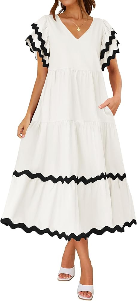 ZESICA Womens 2024 Summer Casual Midi Dresses V Neck Flutter Short Sleeve Ruffle Tiered A Line Fl... | Amazon (US)
