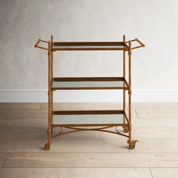 Algiers Brass Metal Rolling 3 Mirrored Shelves Bar Cart with Handles 35" x 18" x 33" | Wayfair North America