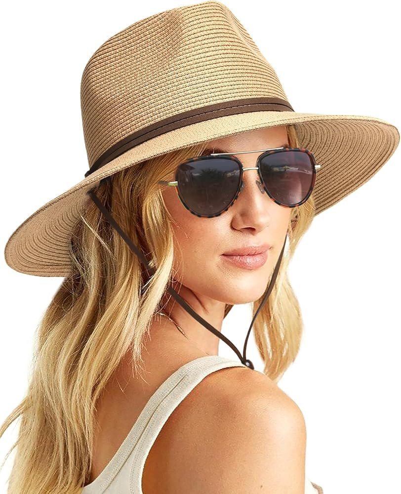 FURTALK Womens Summer Straw Sun Hats Wide Brim Panama Fedora Beach Hat with Wind Lanyard UPF 50+ | Amazon (US)
