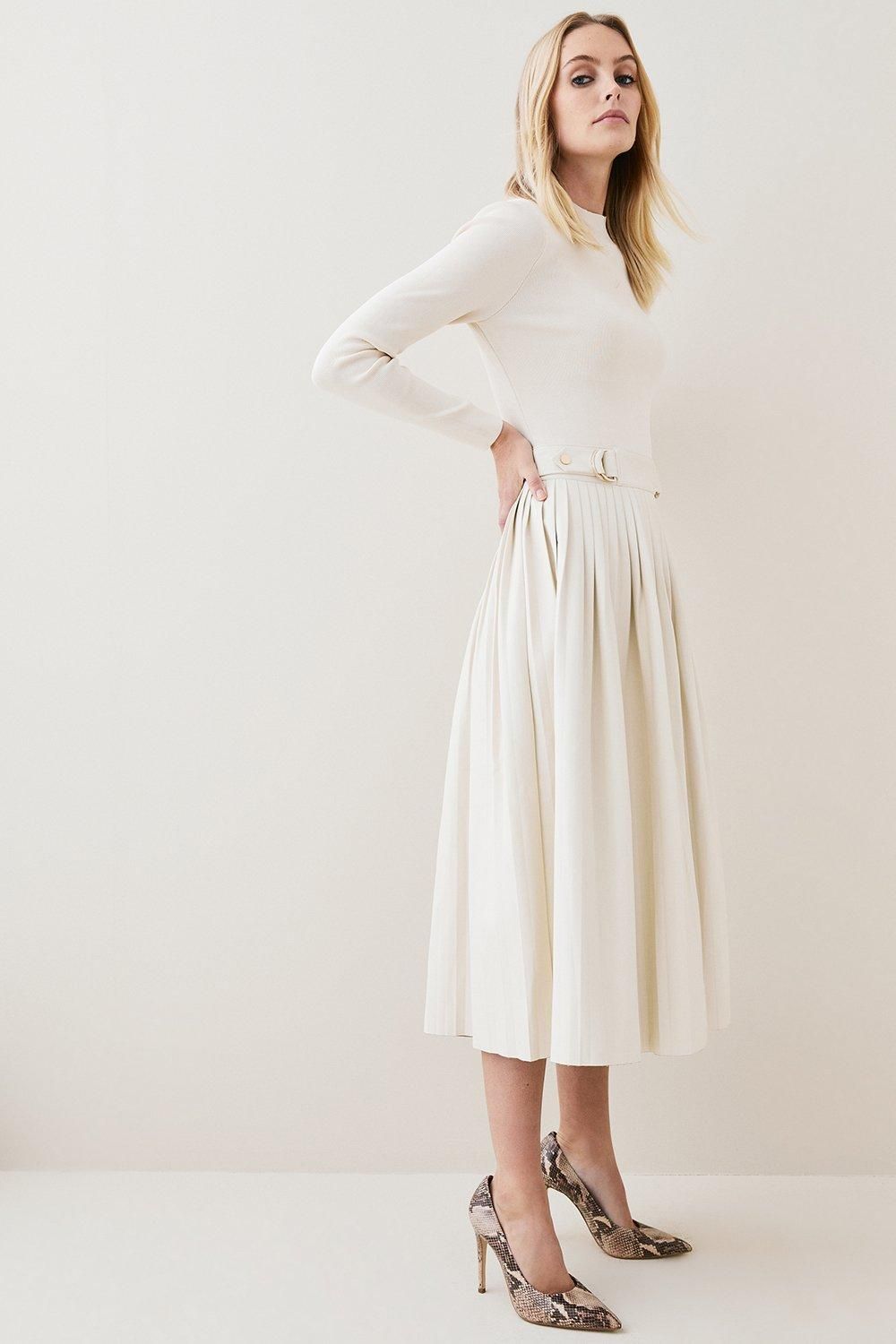 Viscose Blend Knitted Pleated Midi Dress With Pu Detailing | Karen Millen UK + IE + DE + NL