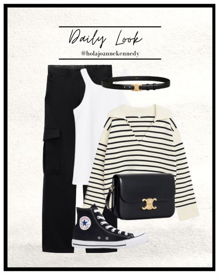 Friday outfit 🖤🫶🤍 monochrome outfit, easy outfit idea, spring outfit, black cargo trousers, tailored cargo’s, striped v neck knit, Arket stripe knit, black high top converse, white ribbed vest top, white racer top, celine bag, celine belt 

#LTKworkwear #LTKstyletip #LTKeurope