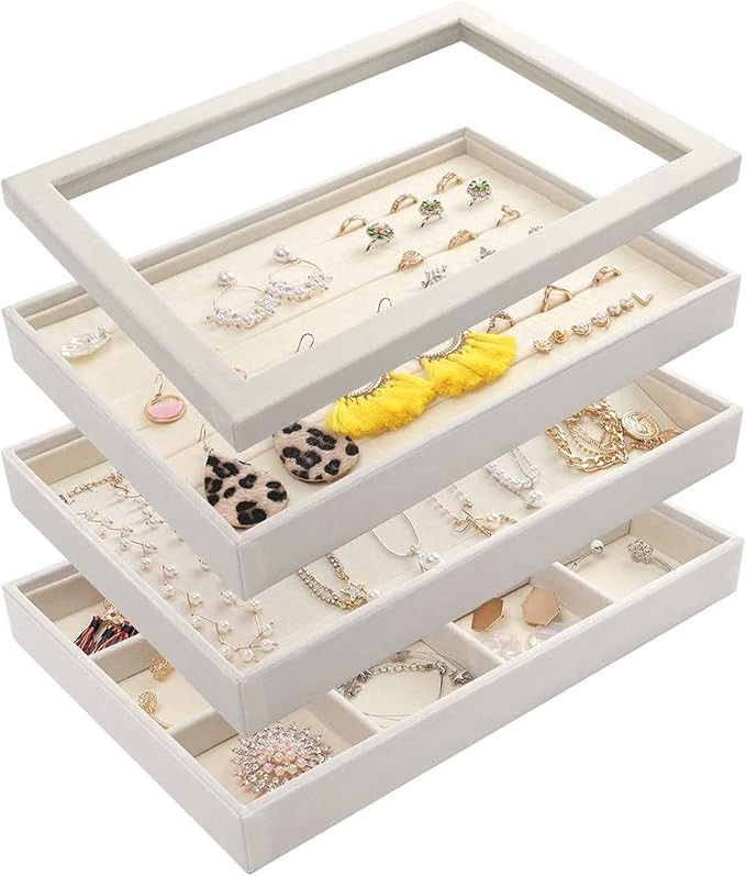 Mebbay Stackable White Velvet Jewelry Trays Organizer Set with Clear Lid Jewelry Storage Display ... | Amazon (US)