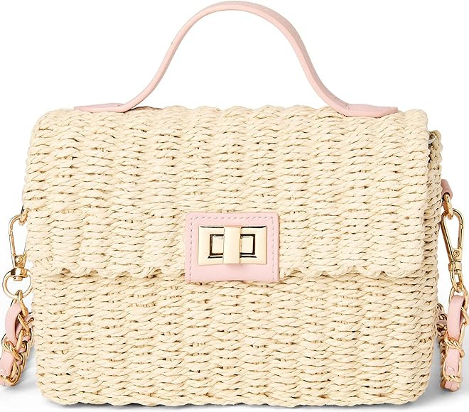 Like Dreams Small Summer Bag for Women Woven Straw Crossbody Vegan Leather Top Handle Plaid Inner... | Amazon (US)