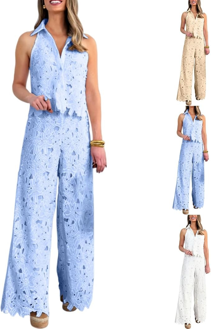 Women Lace Two Piece Outfits Hollow Out Lace Floral Laces Vest and Wide Leg Pants Set Lapel Sleev... | Amazon (US)