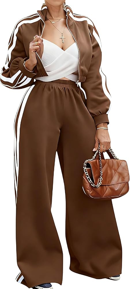 Akmipoem Sweatsuits Women 2 Piece Outfit Striped Tracksuit Long Sleeve Zipper Crop Jacket Wide Le... | Amazon (US)