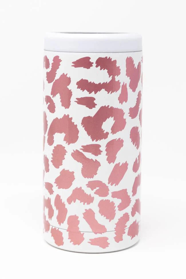 Treasure Island 12oz Monogram White/Rose Animal Print Can Cooler | The Pink Lily Boutique