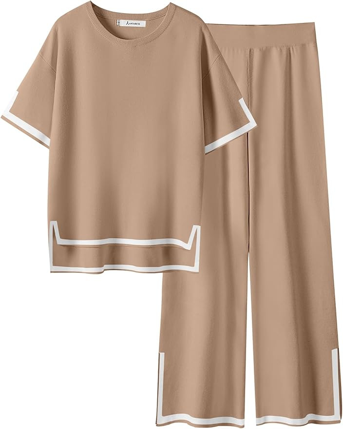 ANRABESS Two Piece Outfits for Women 2024 Fashion Short Sleeve Tops Wide Leg Pants Trendy Knit Sw... | Amazon (US)