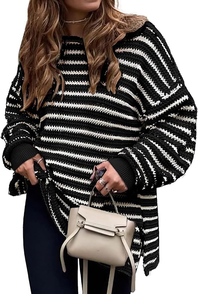 Women's 2023 Fall Winter Oversized Long Sleeve Striped Sweater Casual Crewneck Side Split Pullove... | Amazon (US)