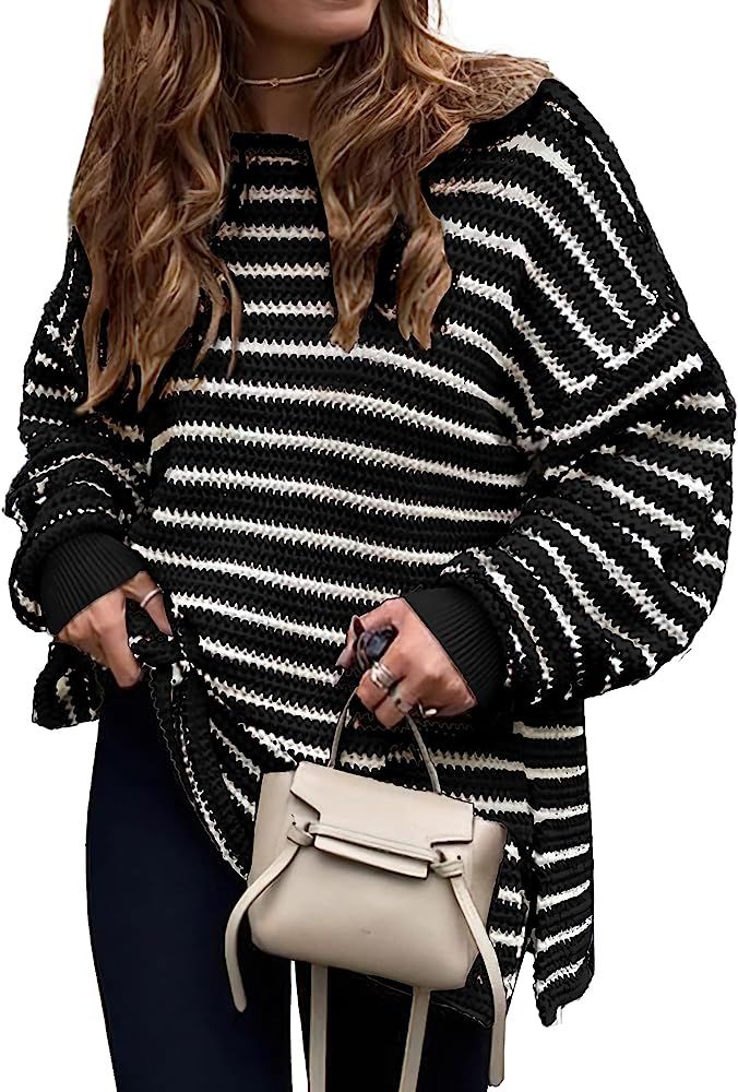KIRUNDO Winter Women's Oversized Long Sleeve Striped Sweater Casual Crewneck Side Split Tunic Pullov | Amazon (US)