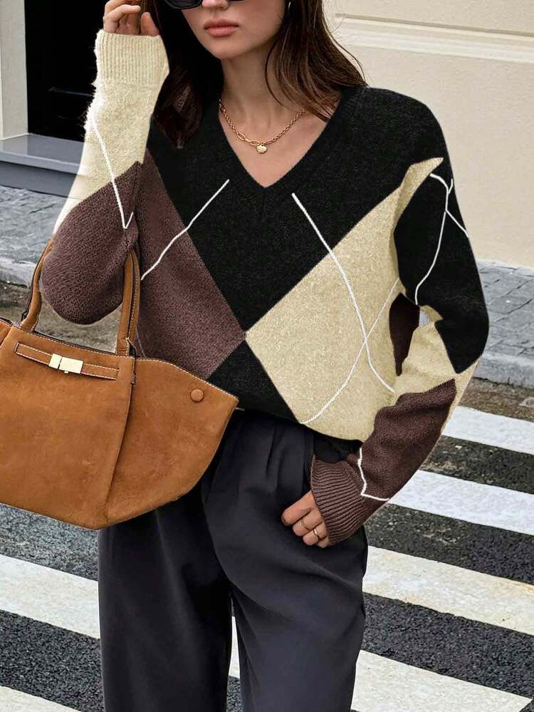 Diamond Print V Neck Jumper  | SHEIN