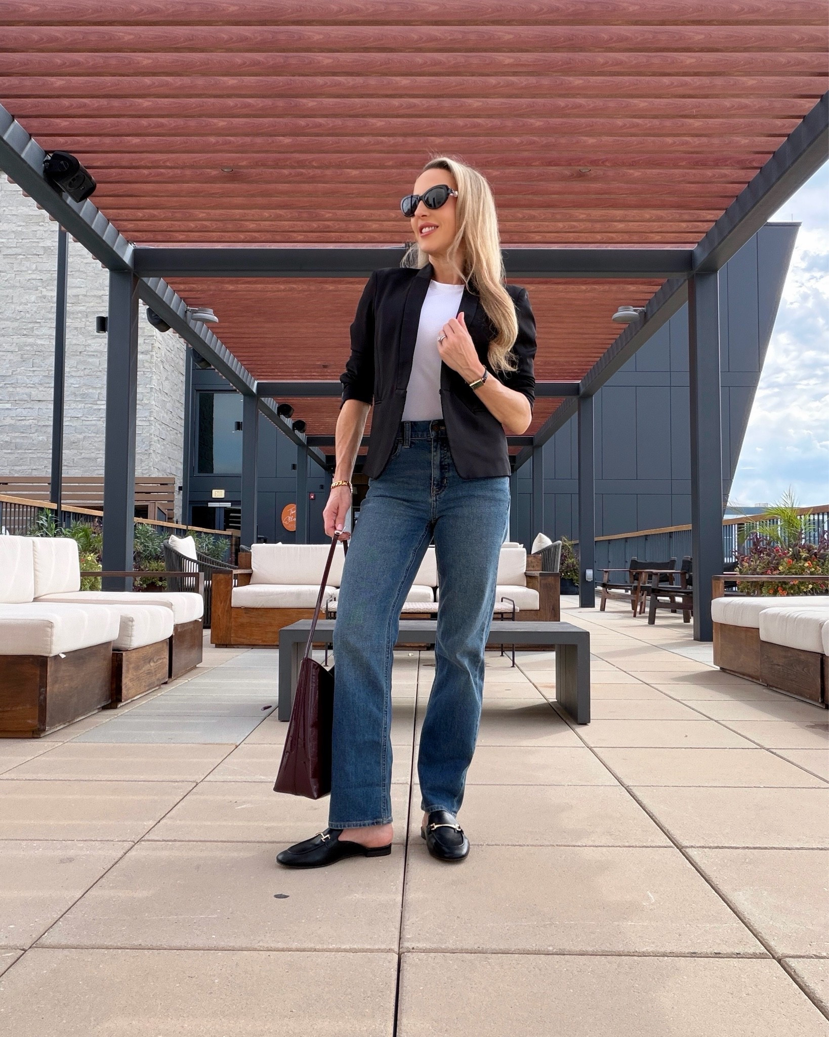 #gifted Fall outfit - everyday smart casual: straight leg jeans, black loafer mules with gold horsebjt which have such great cushioning and are super comfortable, burgundy patent tote bag, cropped black blazer and classic white fitted t-shirt.  @jcrew #jcrew #falloutfit

#LTKootd #LTKSeasonal