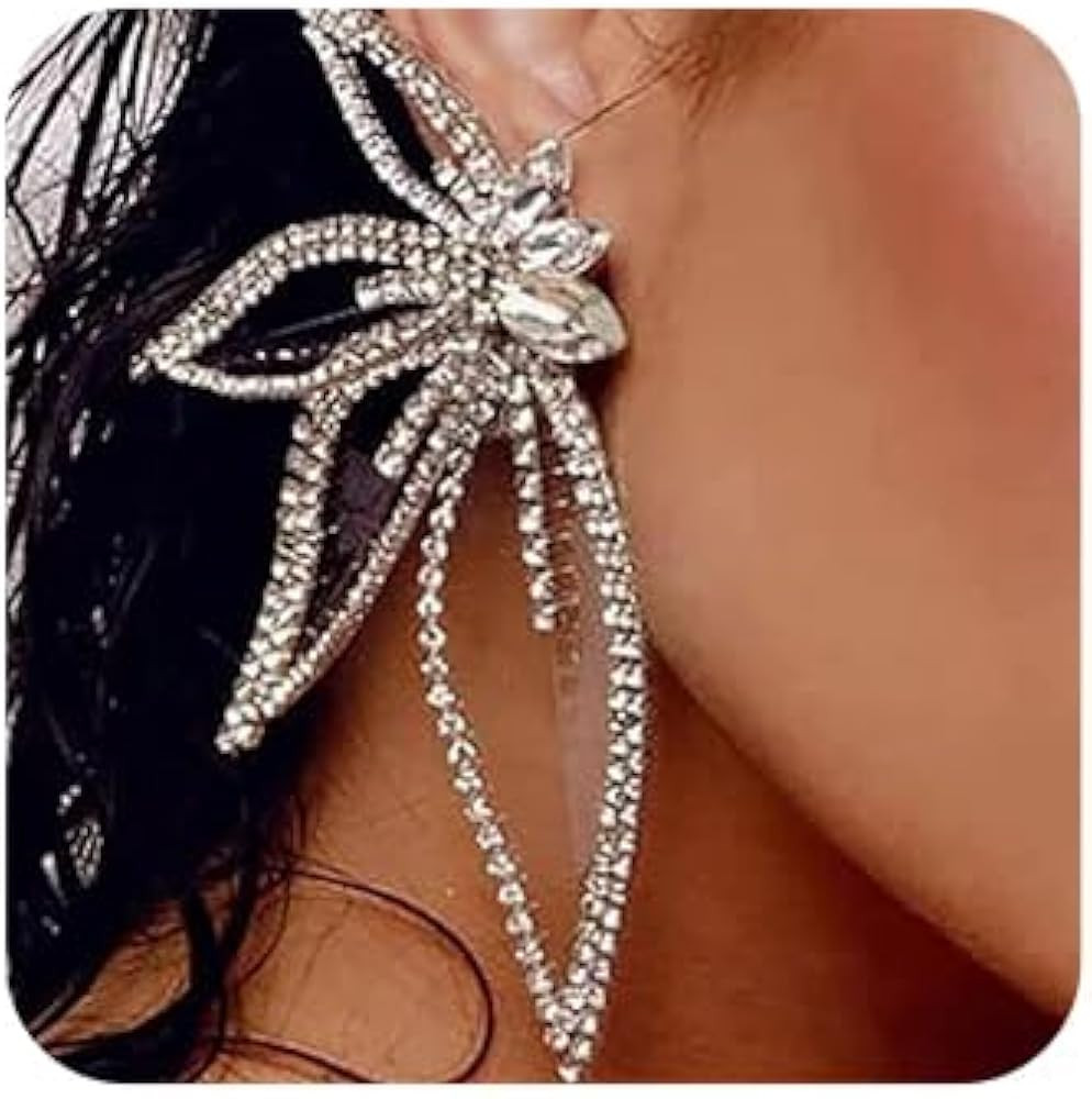 Missgrace Silver Stud Butterfly Earrings, 9.4cm, Rhinestone | Amazon (US)