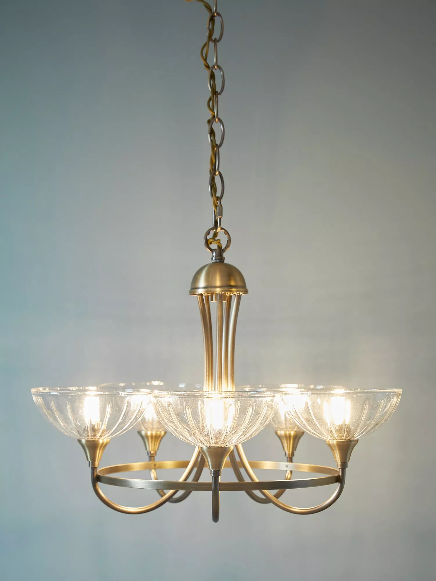 Laura Ashley Wellham Chandelier Ceiling Pendant Light, 5 Arms, Antique Brass | John Lewis (UK)