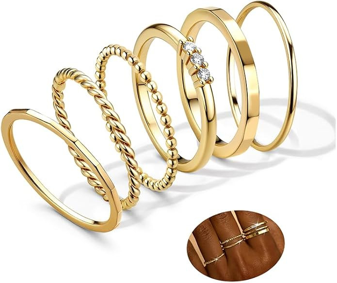 FIBO STEEL 14K Gold Plated Stackable Rings for Women Non Tarnish - Dainty Rings Cubic Zirconia Th... | Amazon (US)